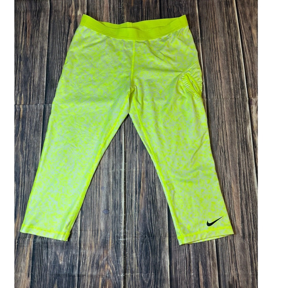 Nike Dri-FIT Leggings Womens S Neon Yellow White Geometric Print Capri 646194 - Picture 2 of 14